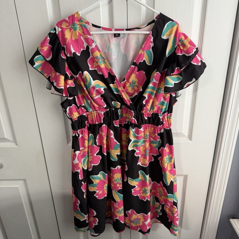 Sason Curve Multicolor Hawaiian Floral V Neck Dress Women's Size 3XL Cruise Boho